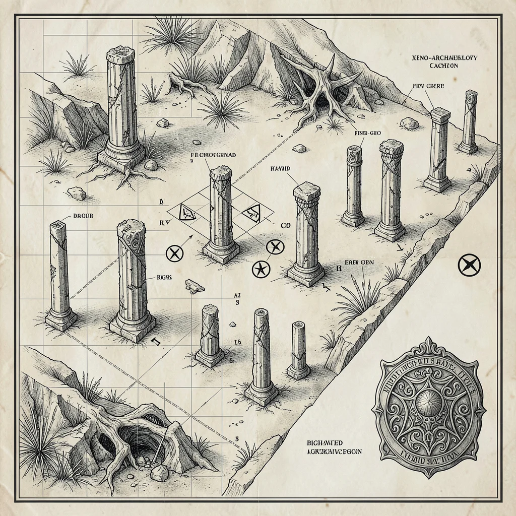 A sci-fi xeno-archaeology dig site map with alien ruin columns in fine ink, find