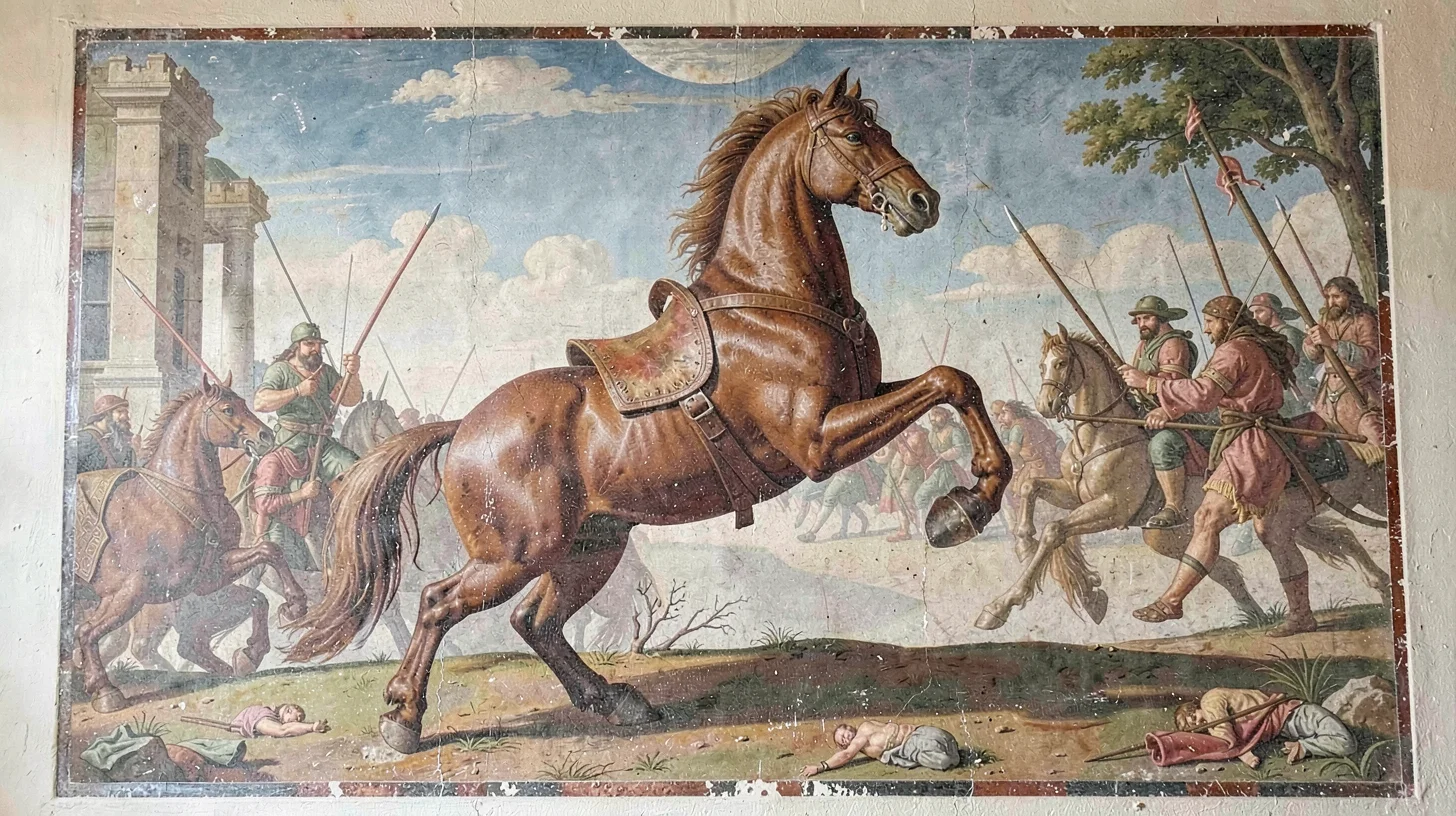 Fresco-style illustration, horse rearing in battle , painted into wet plaster, p