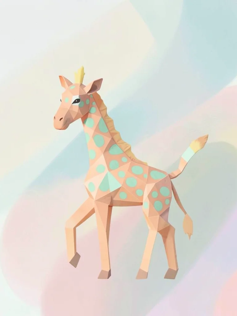 Spotted peach lowpoly giraffe with mint spot facets and a tiny butter-yellow tuf