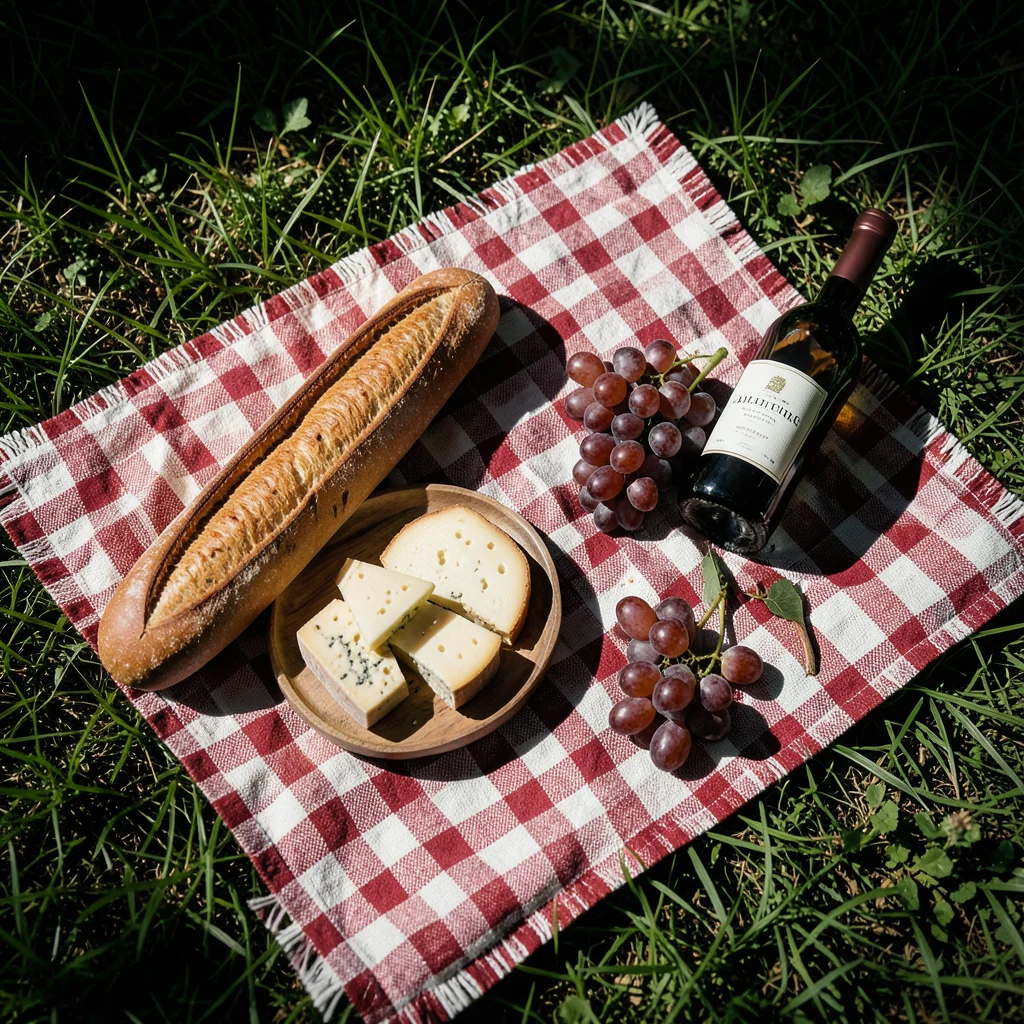Picnic flat lay: baguette, cheese, grapes, wine bottle, checkered blanket, on gr