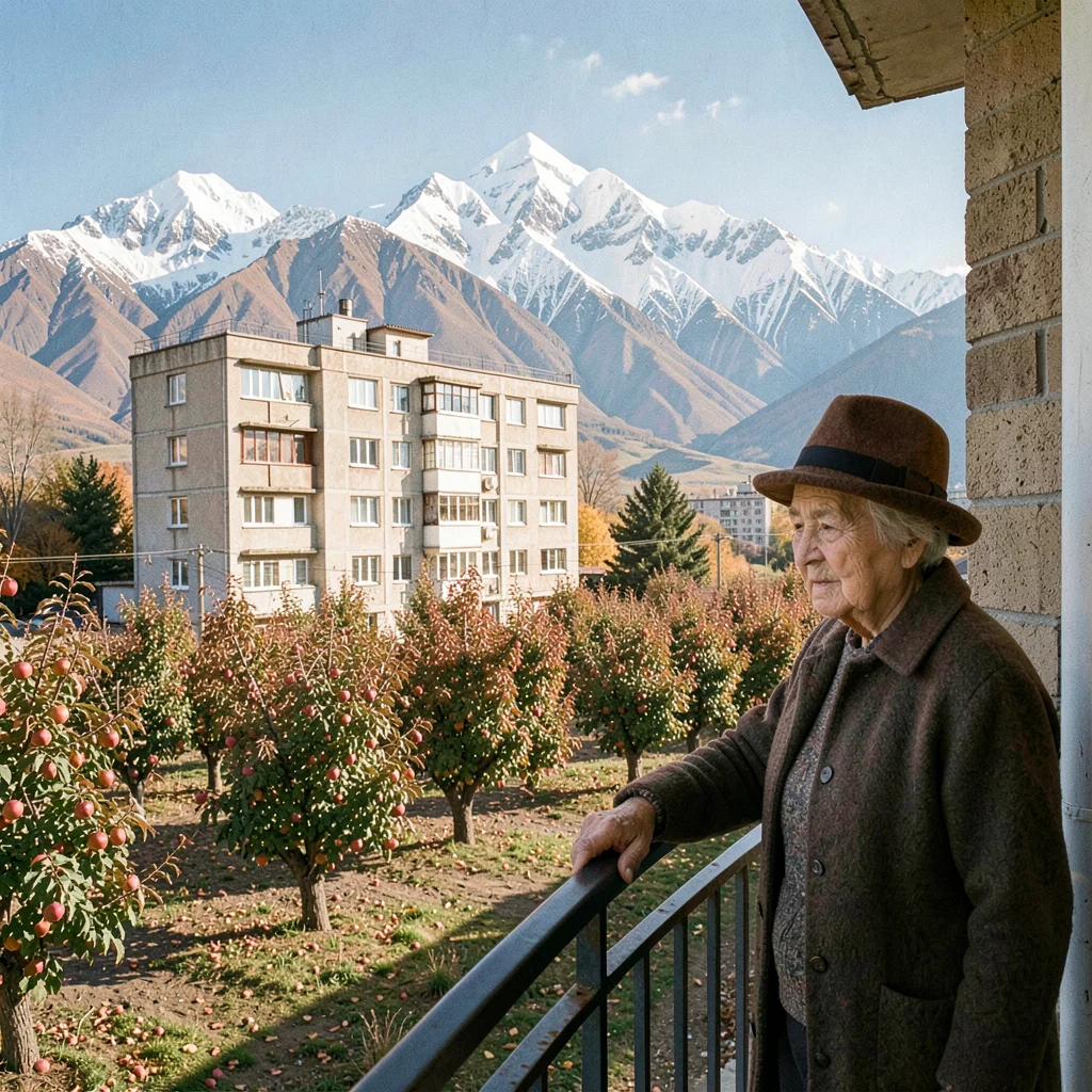 Tian Shan mountains behind Soviet Almaty, Soviet-era apartment block with snow-c