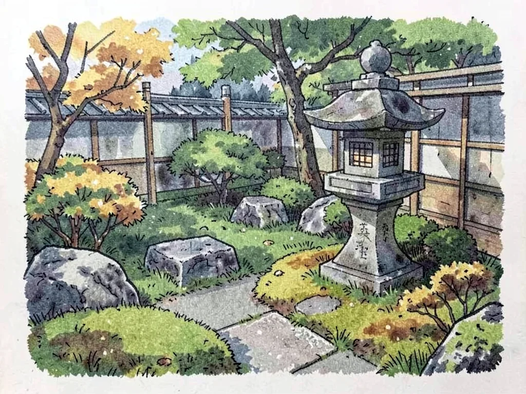 Japanese garden with lantern