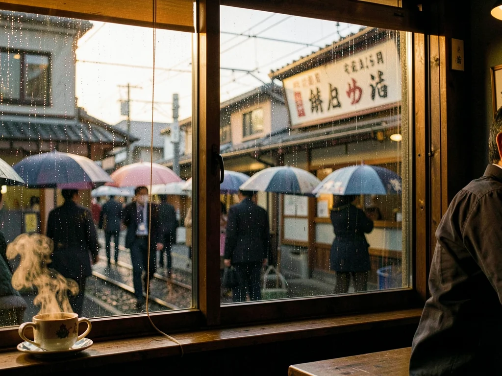 Rainy view through kissaten window