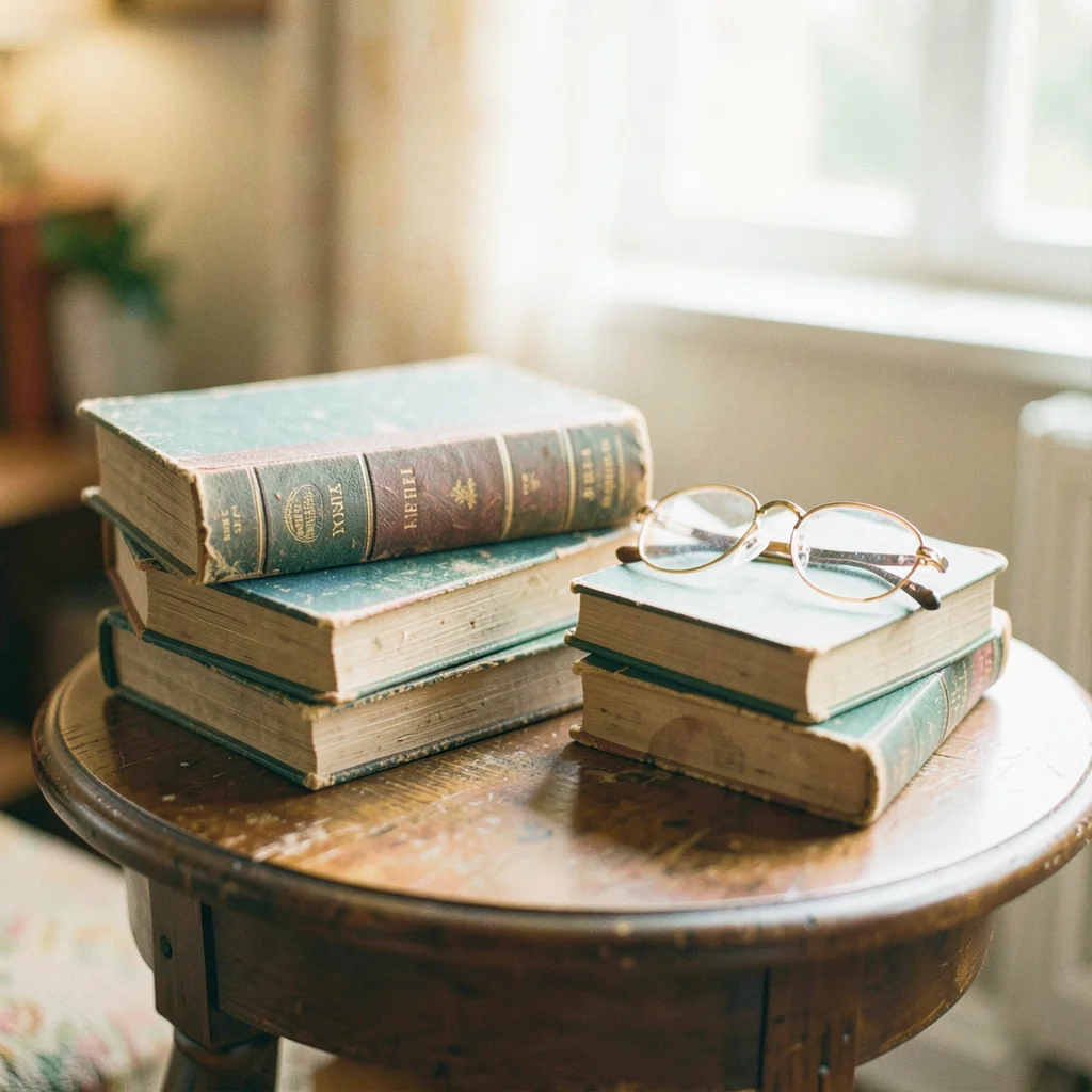 Stack of old books on a side table with reading glasses