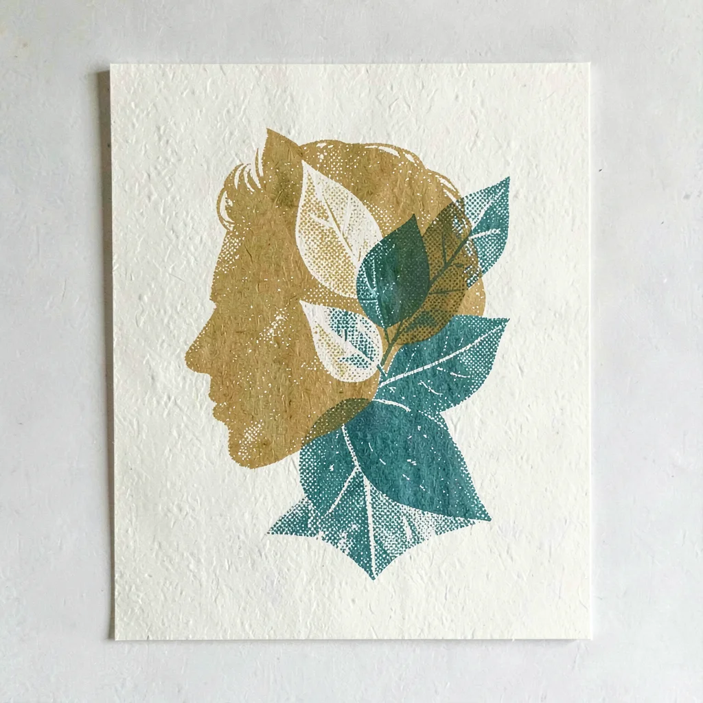 Riso style window-decal design of a card silhouette with halftone leaves in must