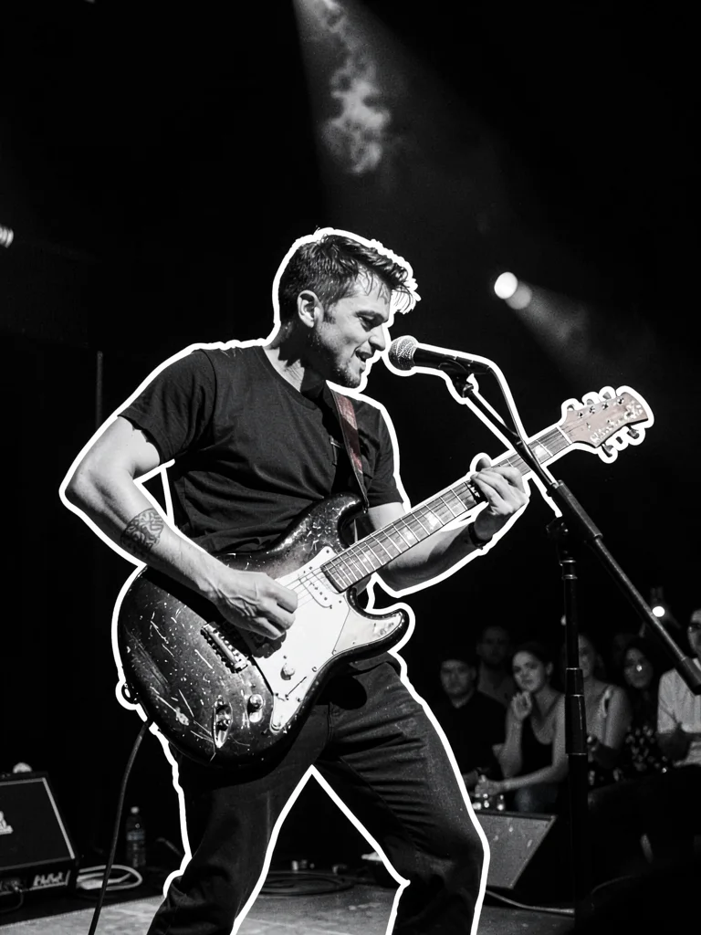 Guitarist on stage, rim outlining figure