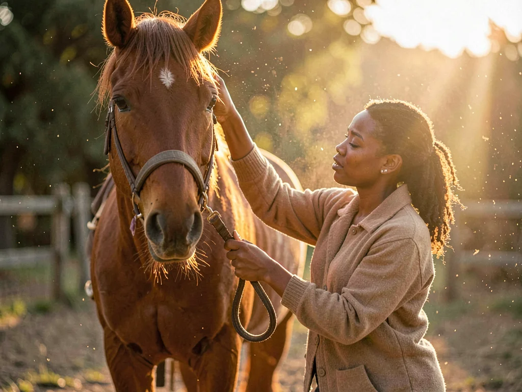 Wistful stable hand, biracial woman in her thirties, brushing a chestnut horse's