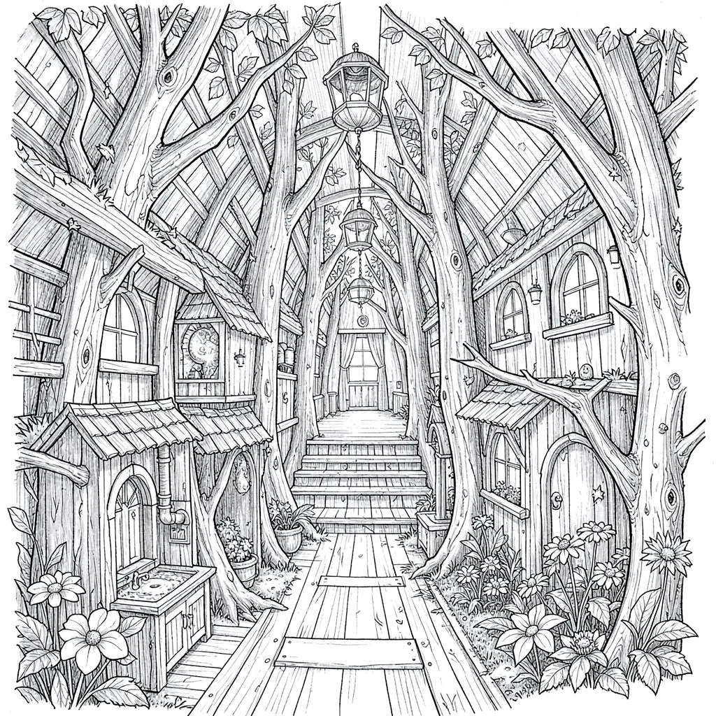 A fictional space-elf tree-ship interior plan with a great trunk-corridor, leaf-