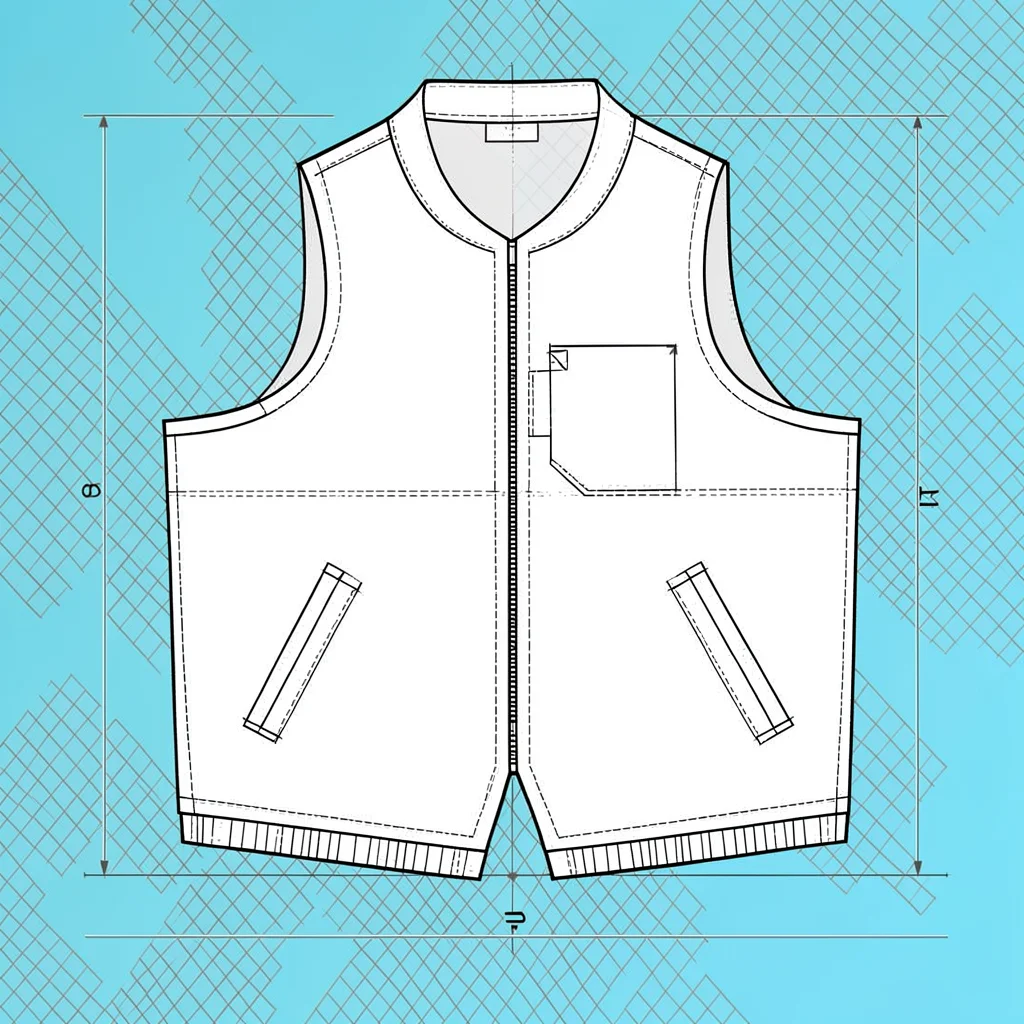 Cutaway technical drawing of a layered shell jacket, ivory cross-hatch on cyan g