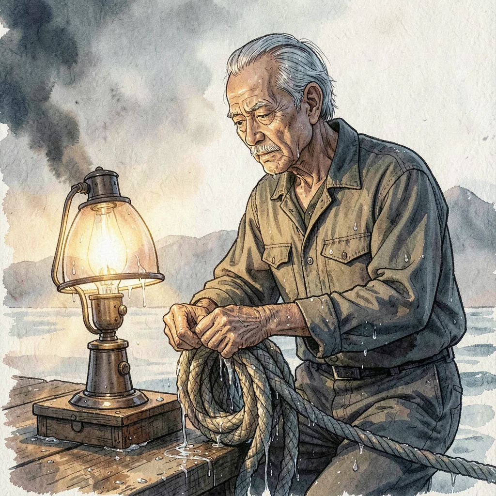 A wistful Vietnamese fisherman in his sixties coiling a wet rope at dawn, lamp g