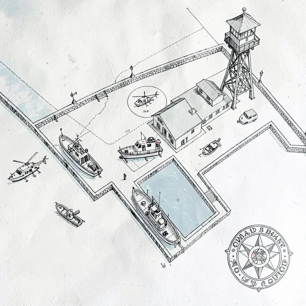 A harbor coastguard-station plan with rescue-boat slips, helicopter pad, lookout