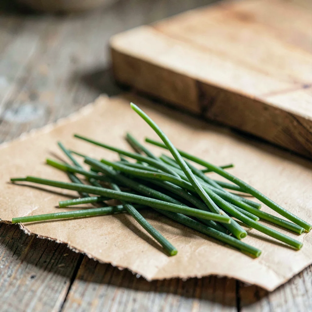 A handful of freshly chopped chives spilled across a torn kraft sheet, a wooden 