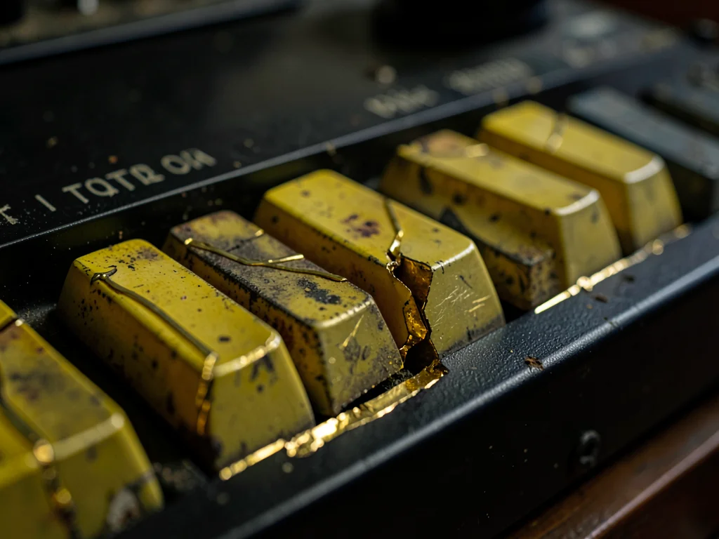 Vintage synthesizer key with chipped edge repaired in gold, adjacent keys yellow