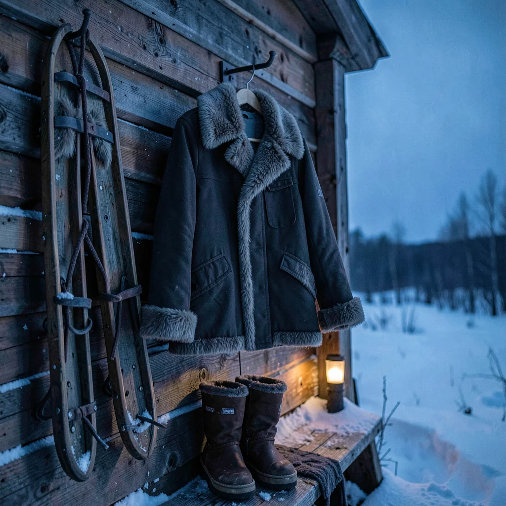 Photograph with Alaskan Arctic sensibility, Caribou parka hung on a peg, the fur