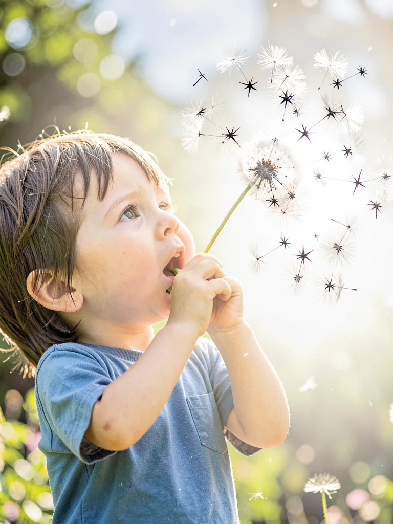 Child blowing dandelion seeds, each seed a dark star against light explosion