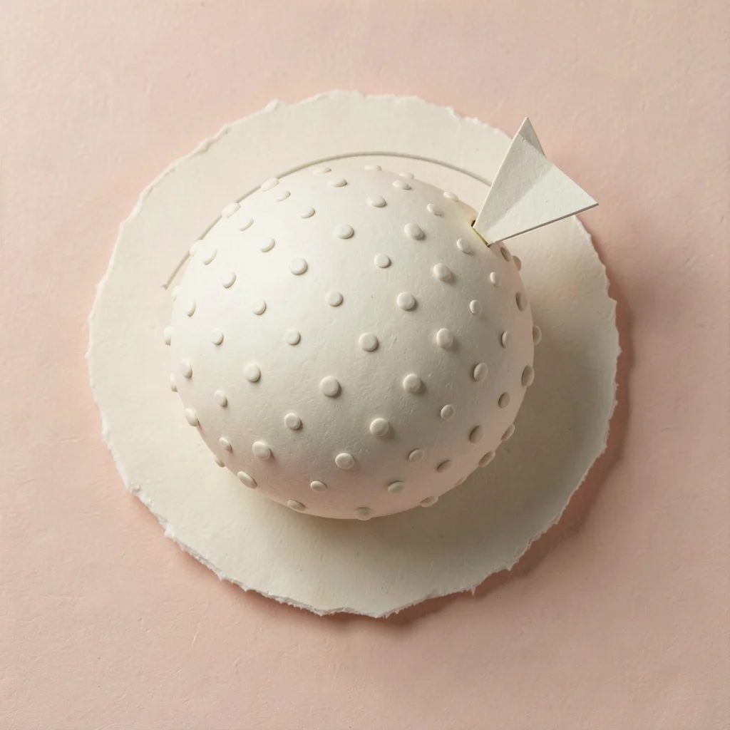 Round papercraft planet covered in tiny raised dots, orbited by a single small t