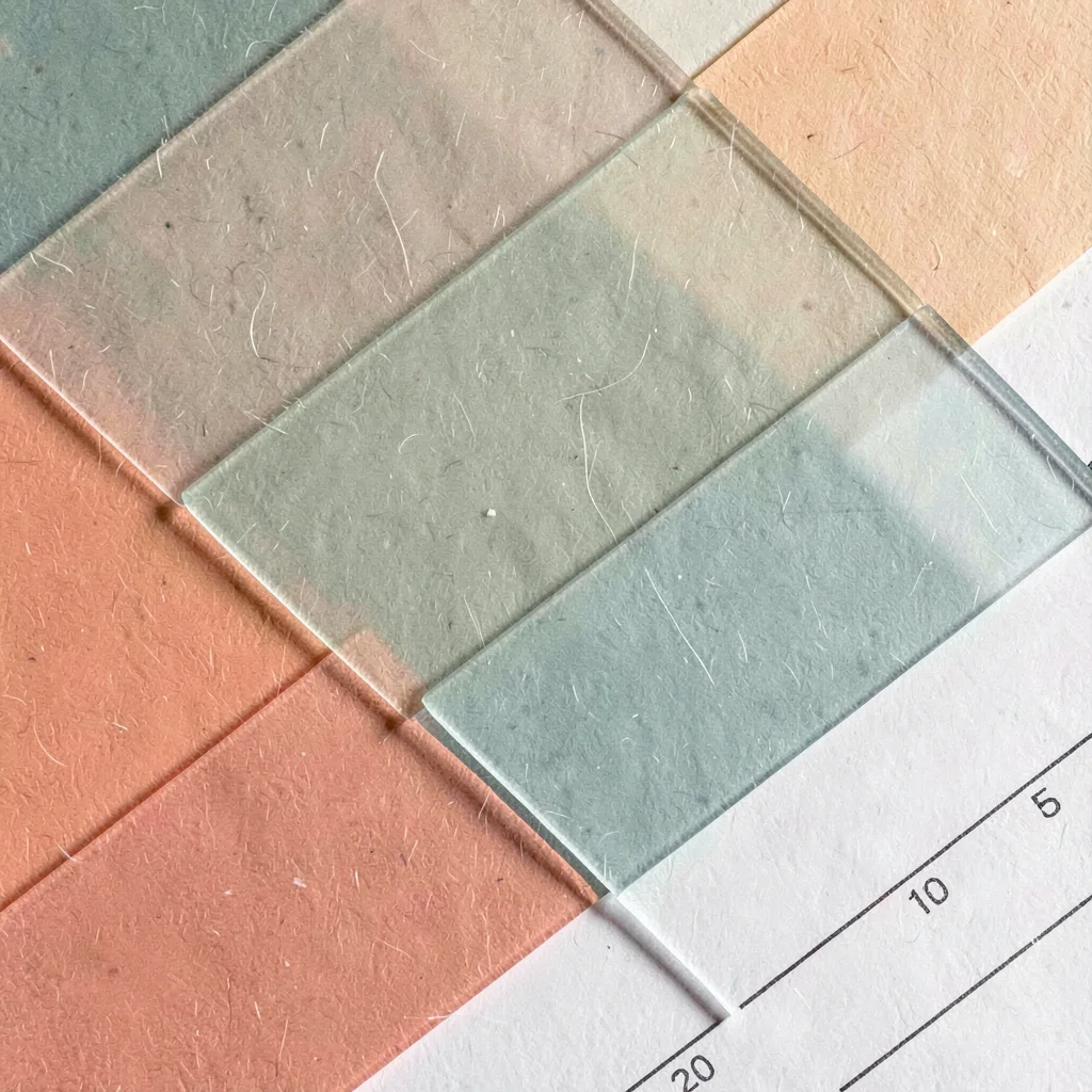 Overlapping translucent schedule blocks in coral, sage and sand stacking diagona