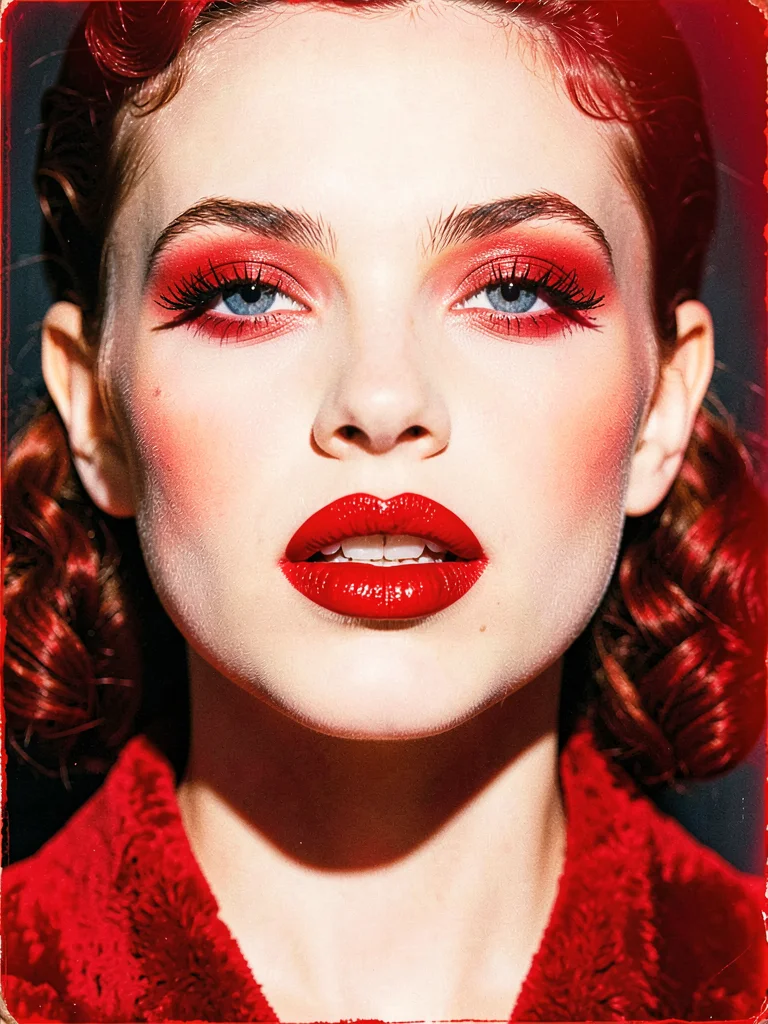 Beauty editorial: bold red lipstick, pale skin, colour saturated so the red seem