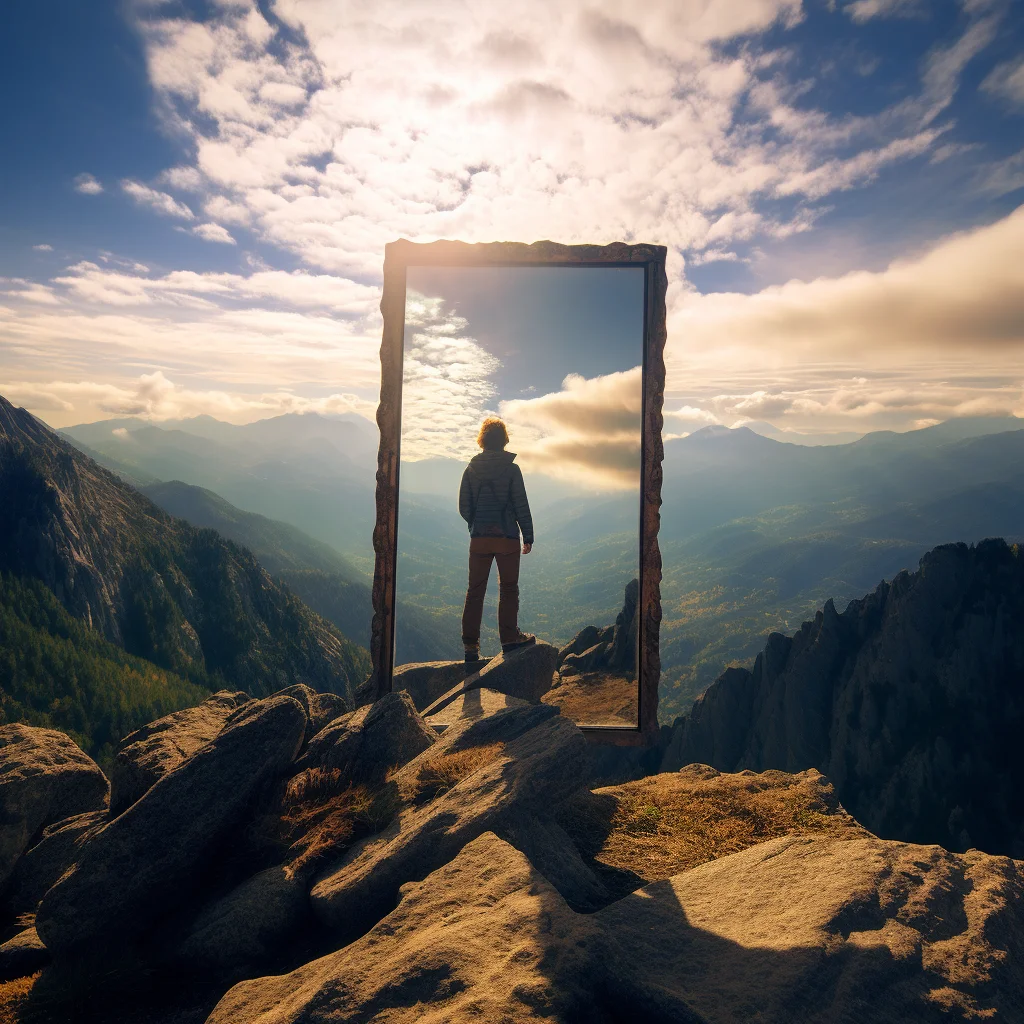 Photo On a mountaintop a hiker holds a mirror reflect