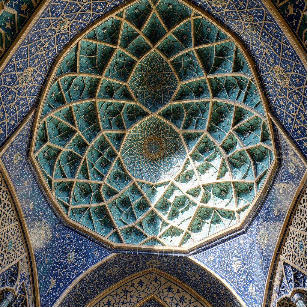 Isfahan Safavid tilework, turquoise geometric infinity, Muqarnas honeycomb ceili