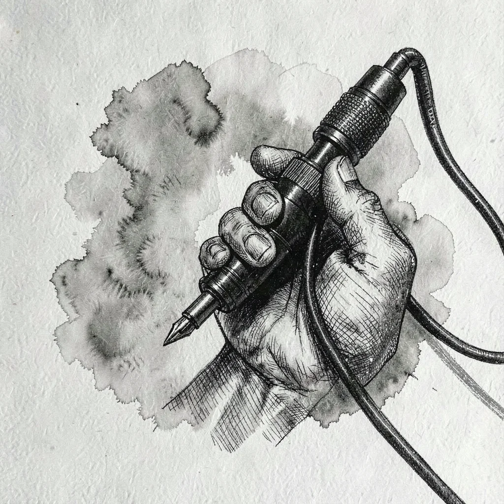 Crosshatched ink drawing of a hand poised with a tattoo machine, dramatic chiaro