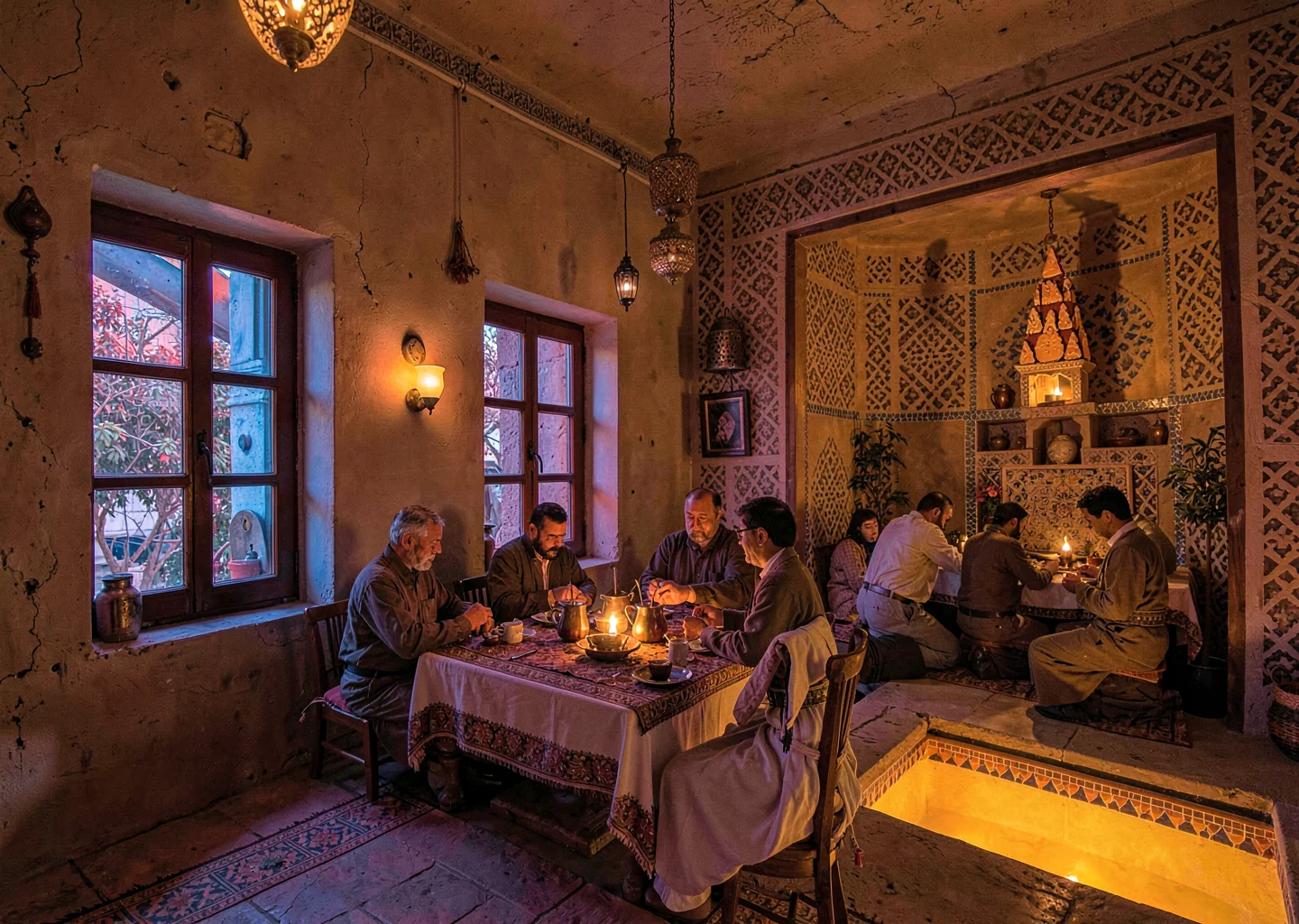 Colored light through qamariya windows in Sana'a, Yemen, traditional coffee cere