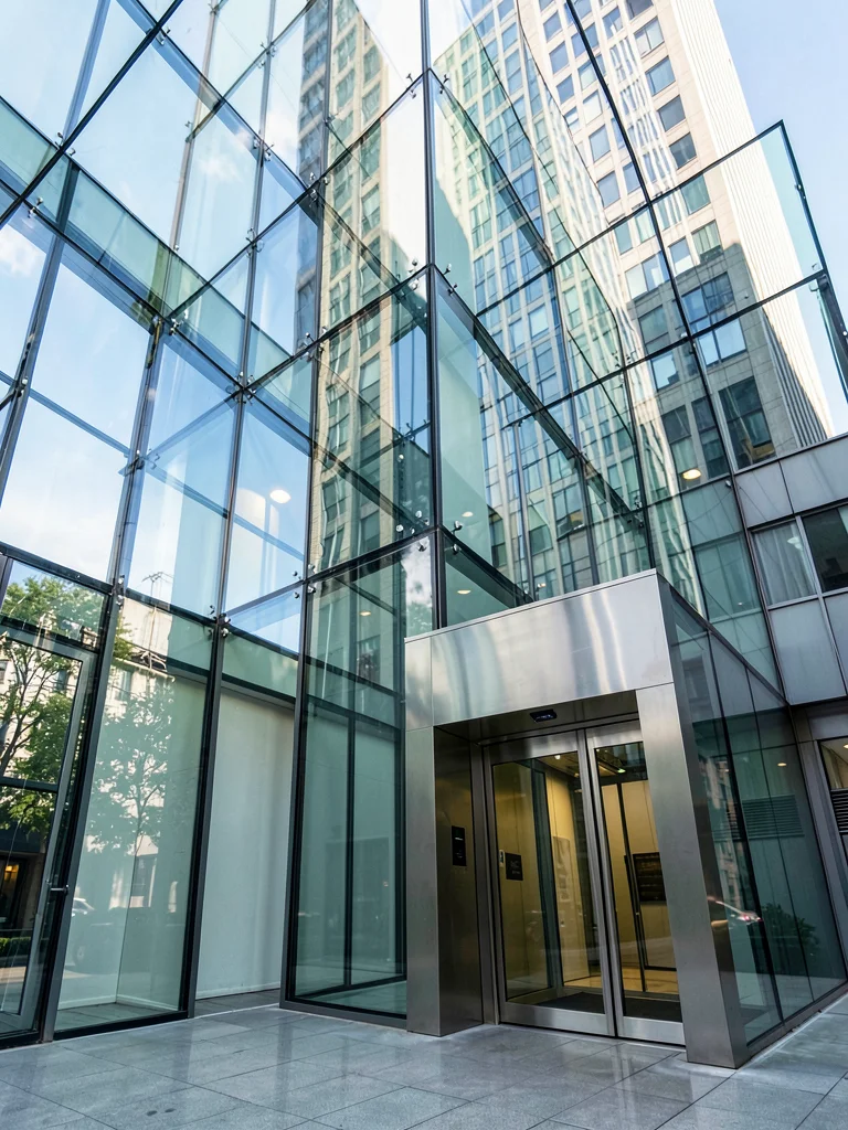 Glass elevator in modern building, ascending transparency, architectural movemen