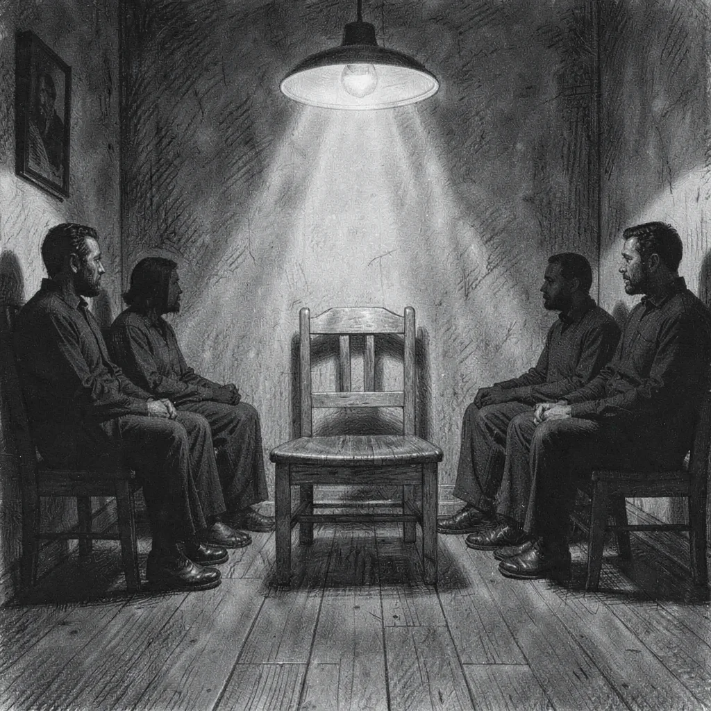 Charcoal study of an empty wooden chair in a room of seated silhouettes, lamp po
