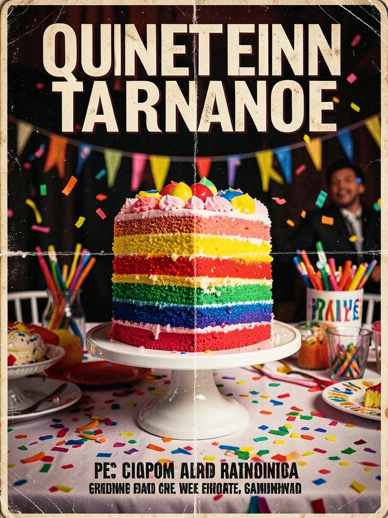 Rainbow layer cake on white stand, pride party table, confetti