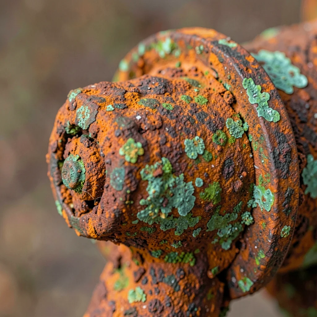 Corroded pipe fitting, verdigris meeting rust, metal patina study