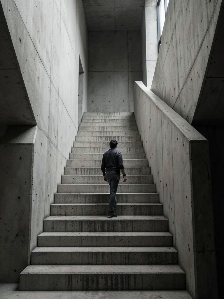 Brutalist staircase with single figure ascending, concrete rhythm interrupted