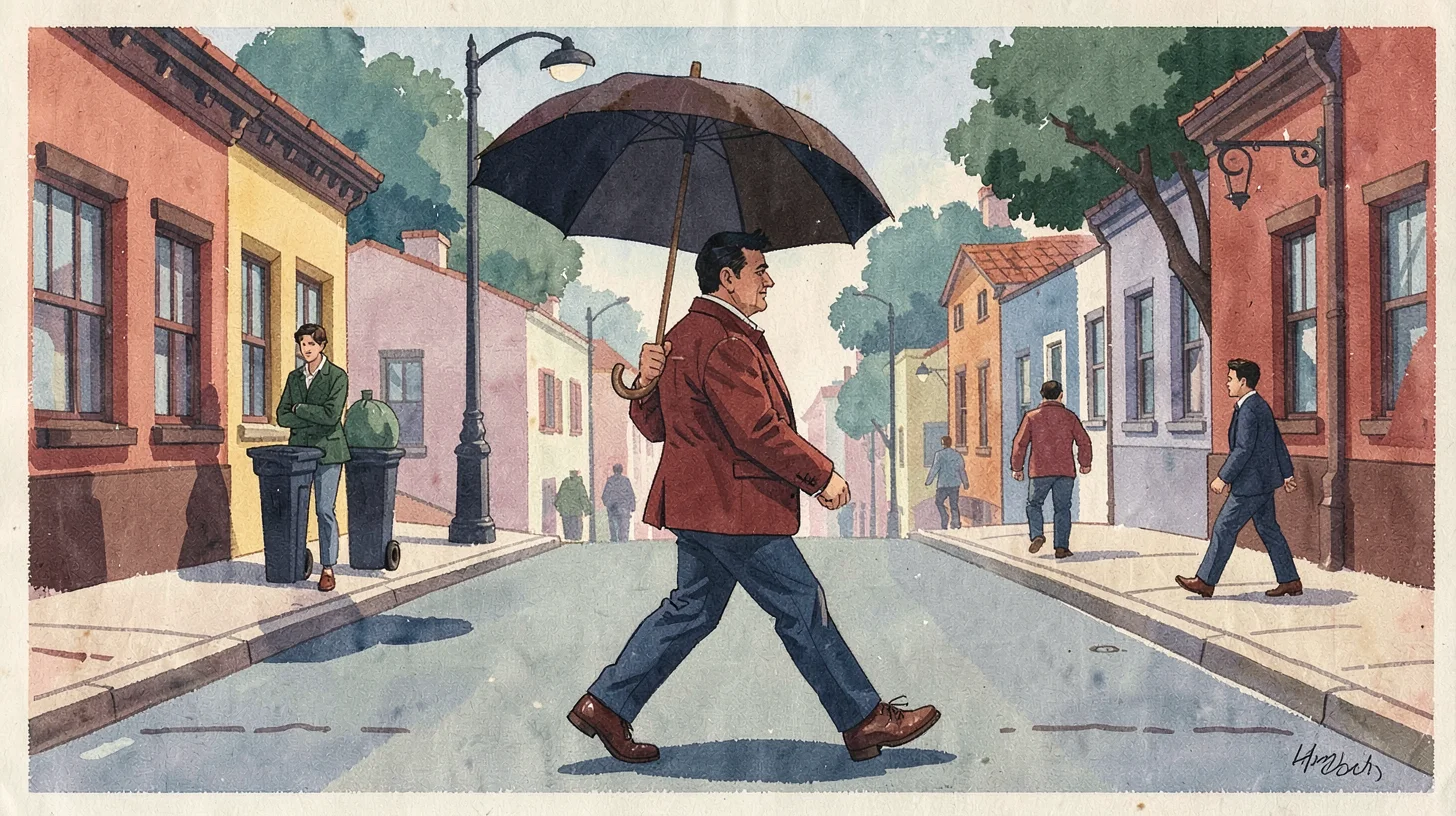 Gouache illustration, man with umbrella crossing street , opaque matte pigment, 
