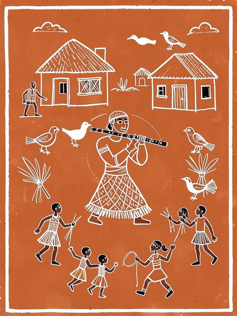Single figure playing a tarpa flute — circular breath, birds gathering to listen