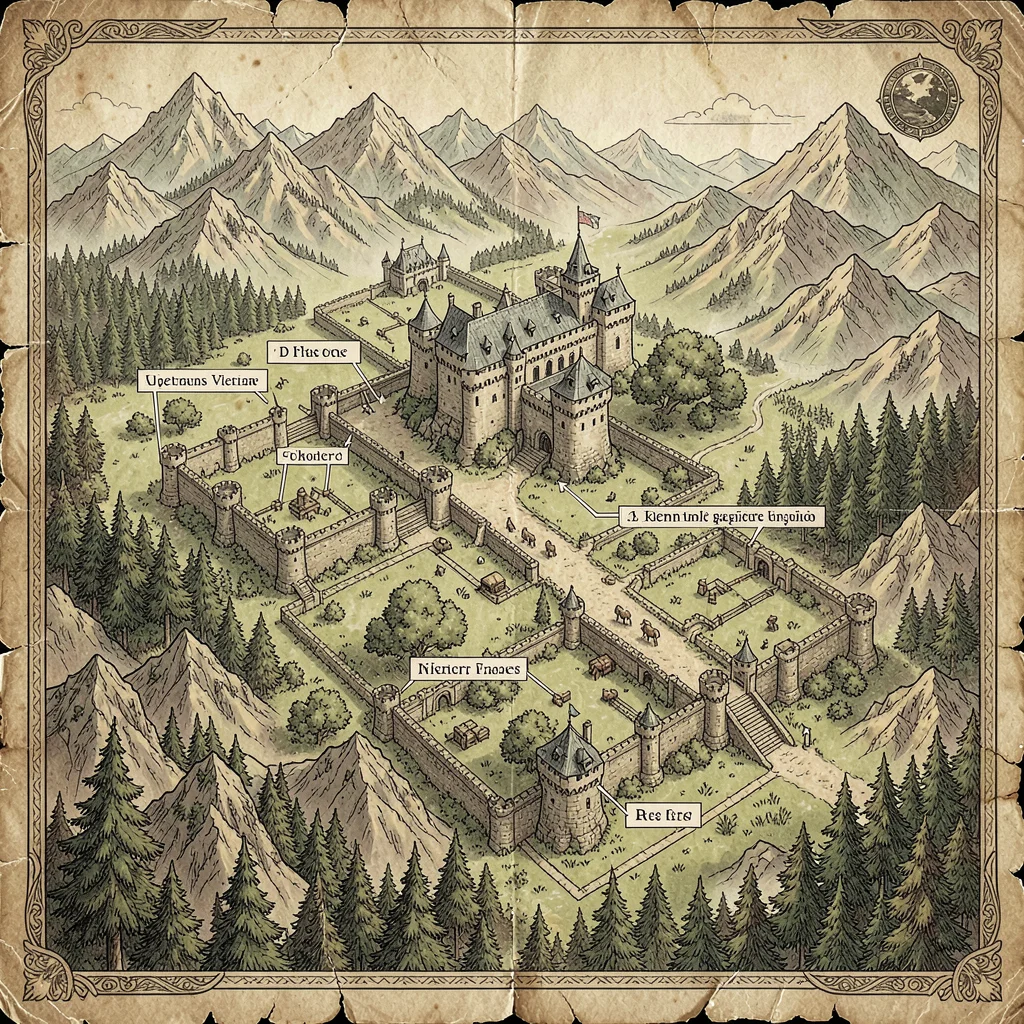 Fantasy map illustration, a castle and grounds map with defensive positions, sec