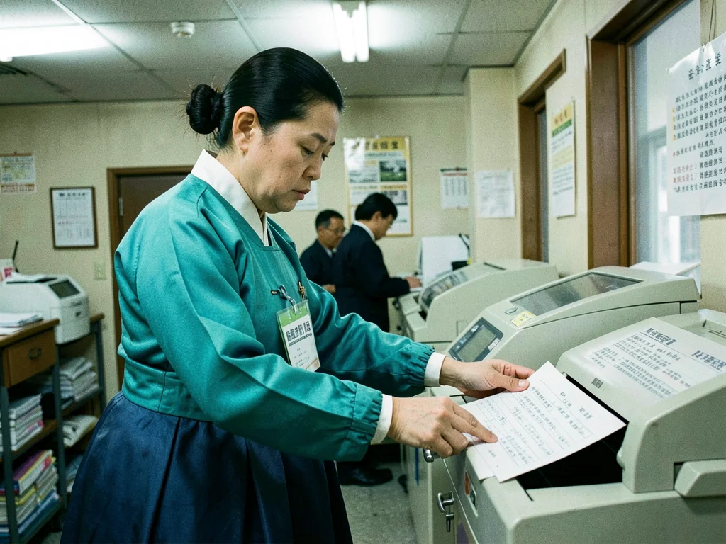 Turquoise hanbok at copy shop, feeding documents into machine