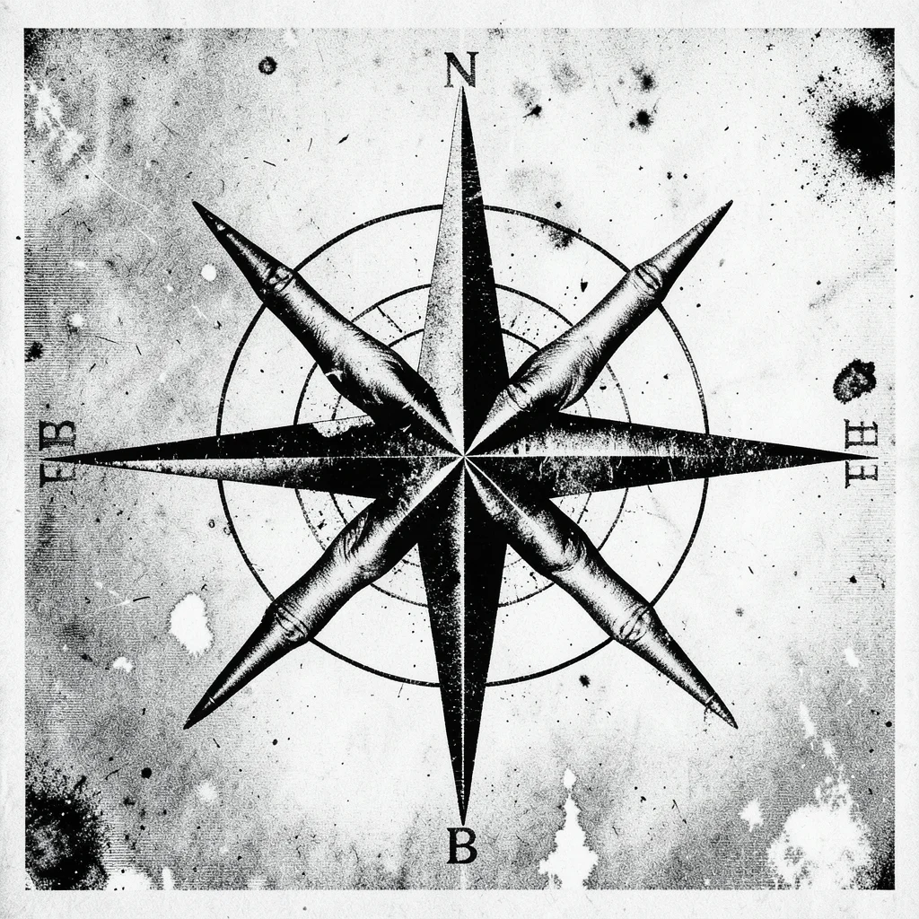 A compass rose made from photocopied human hands pointing in eight directions