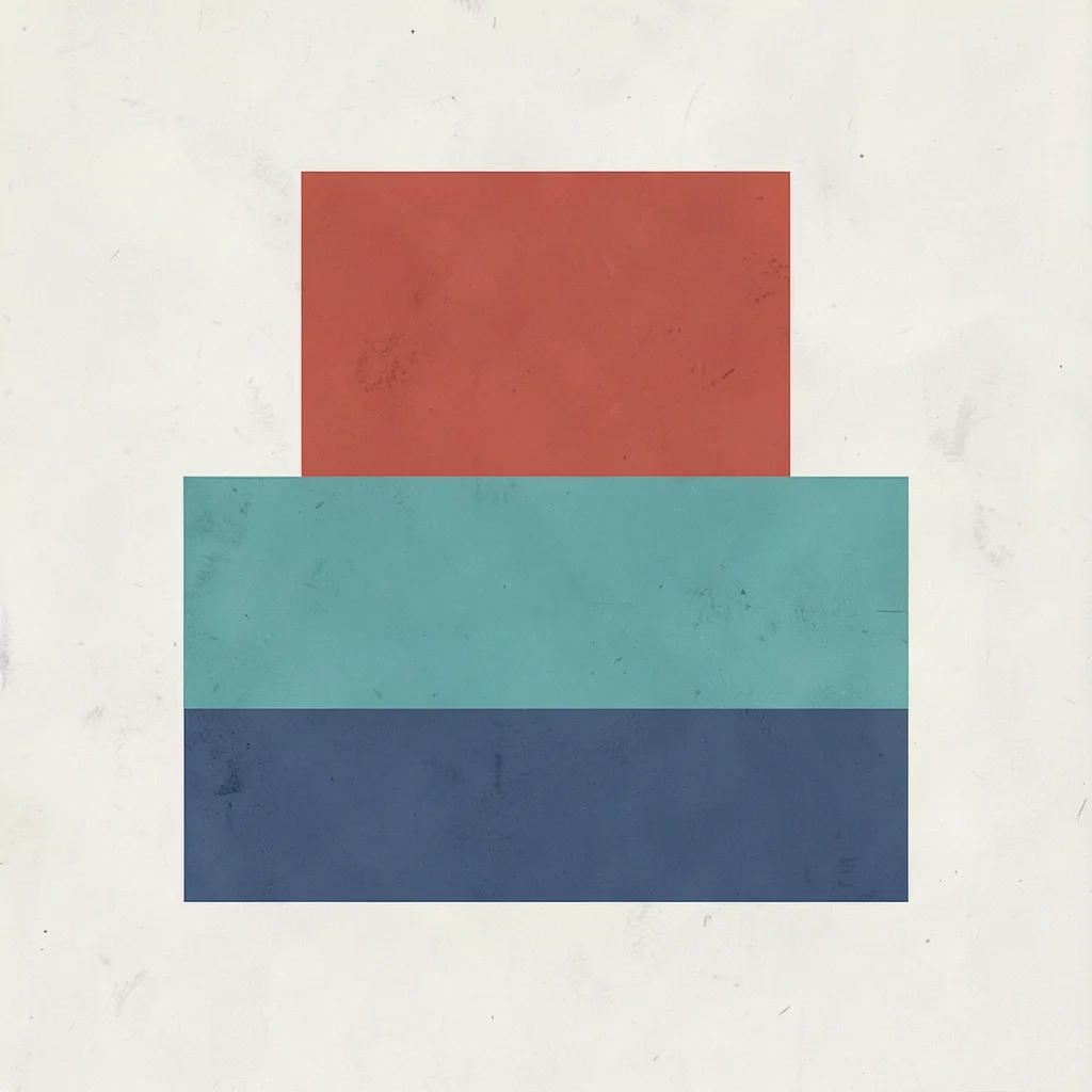 Bold flat layout composition of stacked color blocks in a brand palette, no read
