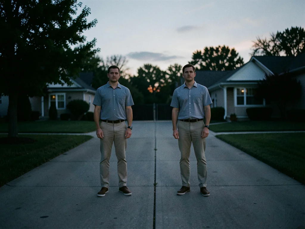 Couple standing motionless on either side of a driveway, identical poses, dusk l