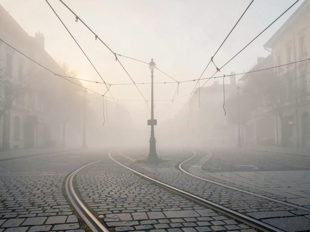 Tram tracks curving across an empty plaza in dawn fog, overhead wires drooping i