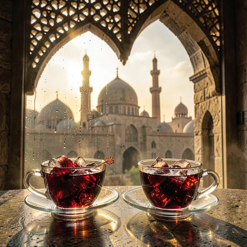 Islamic Cairo geometry, medieval city light, tea glasses filled with dark red hi