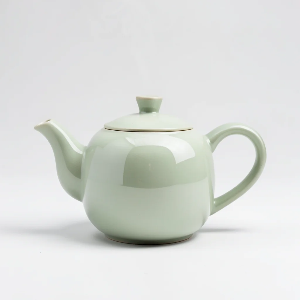 A ceramic teapot in pale sage green, side-handle Japanese style, steam suggested