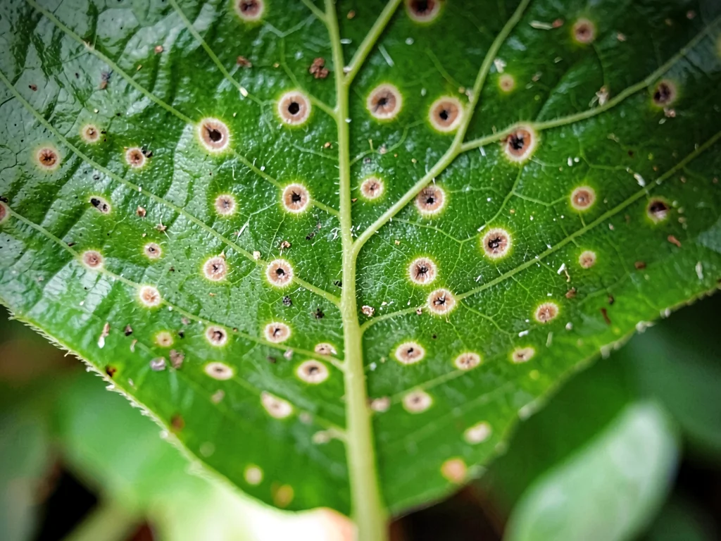 The underside of a leaf showing stomata, guard cells like tiny lips
