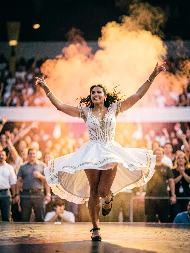 Festival dancer isolated by shallow depth of field, mid-spin, crowd dissolved to