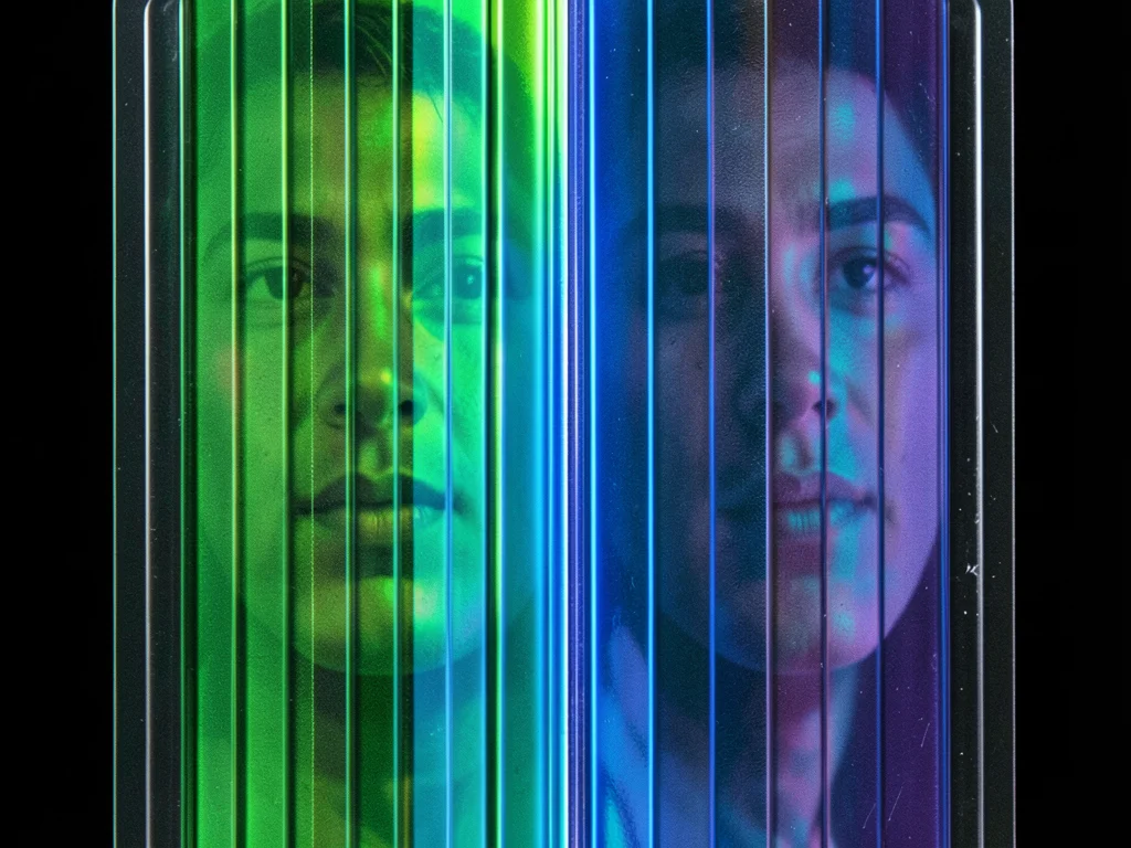 Holographic foil color band transition, smooth shift from green to blue across m