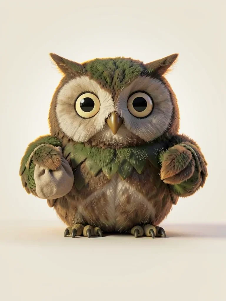 Round owl-spirit holding a tiny cloth bag awkwardly in both wing-tips, eyes wide