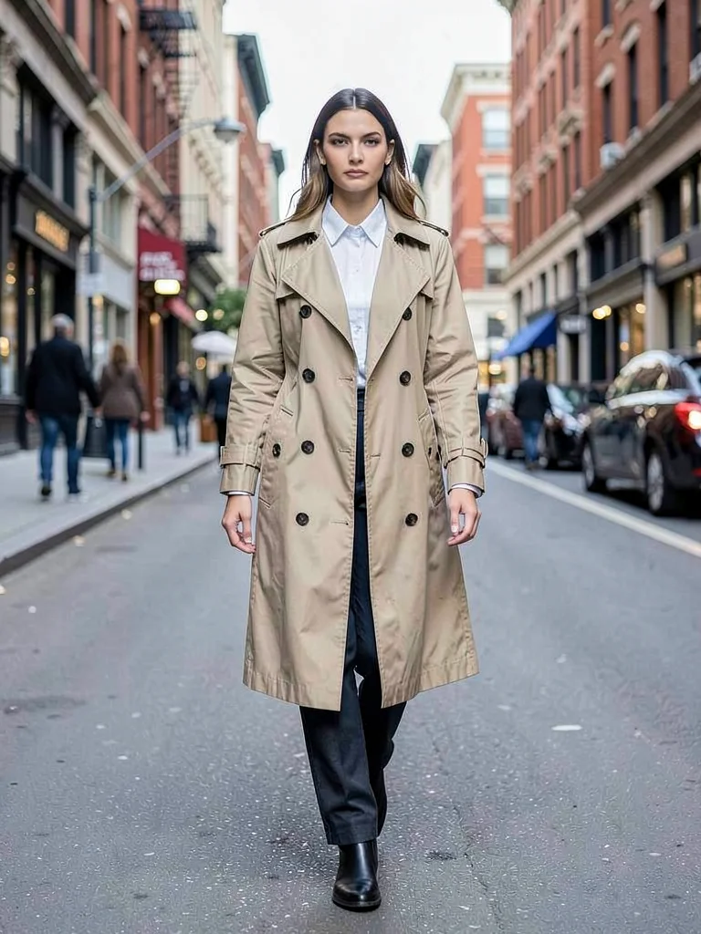 Fashion model in trench coat walking urban street