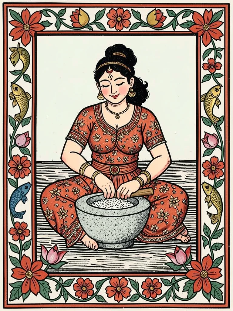 Seated woman grinding grain — stone mortar, rhythmic posture, surrounded by bord