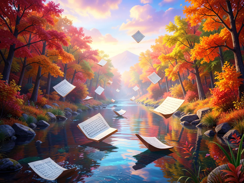 Sheet music pages floating down river like boats, autumn forest banks