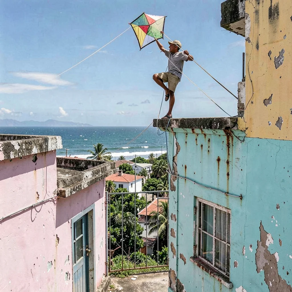 Havana preserved decay, improvised maintenance beauty, Boy flying a homemade kit