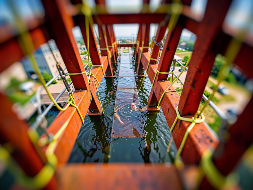 Knee-deep in steel, tilt-shift photograph from a high catwalk of a bridge build,